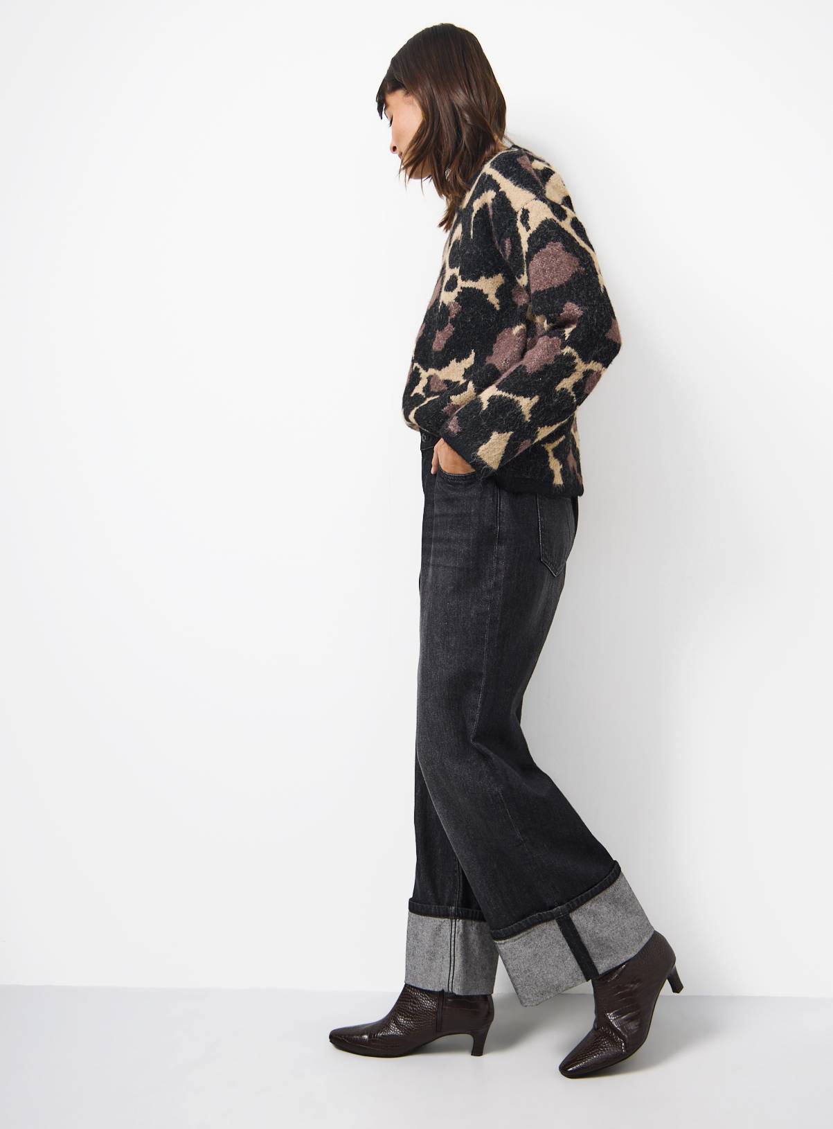 Brown Animal Print Brushed Knit Jumper M - Image 2